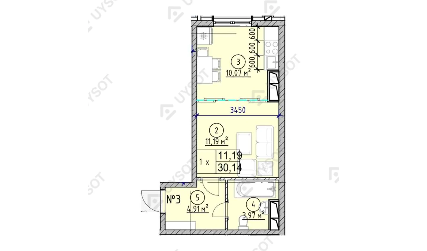 1-комнатная квартира 30.14 м²  3/3 этаж