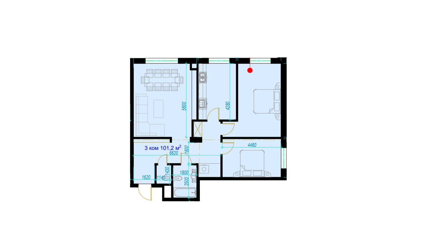 3-комнатная квартира 101.2 м²  6/6 этаж