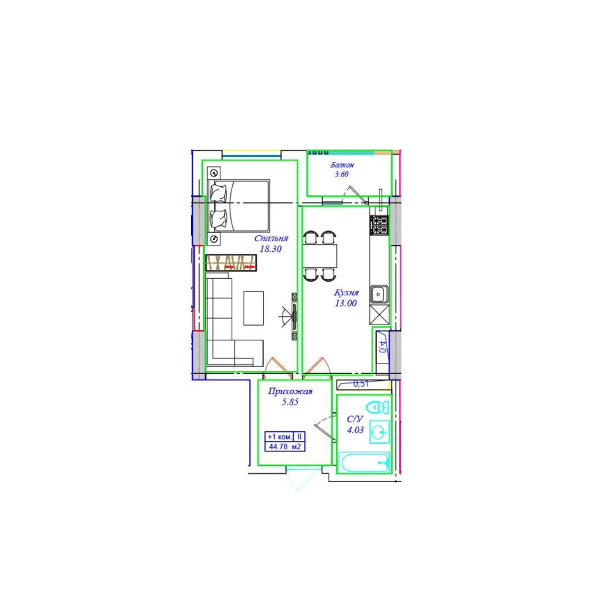 1-комнатная квартира 44.78 м²  3/3 этаж