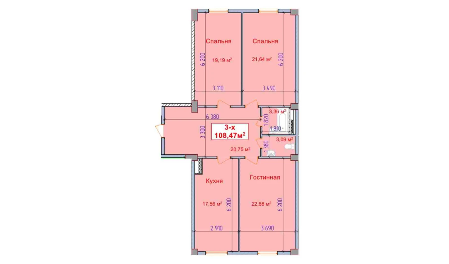 3-комнатная квартира 108.47 м²  1/1 этаж