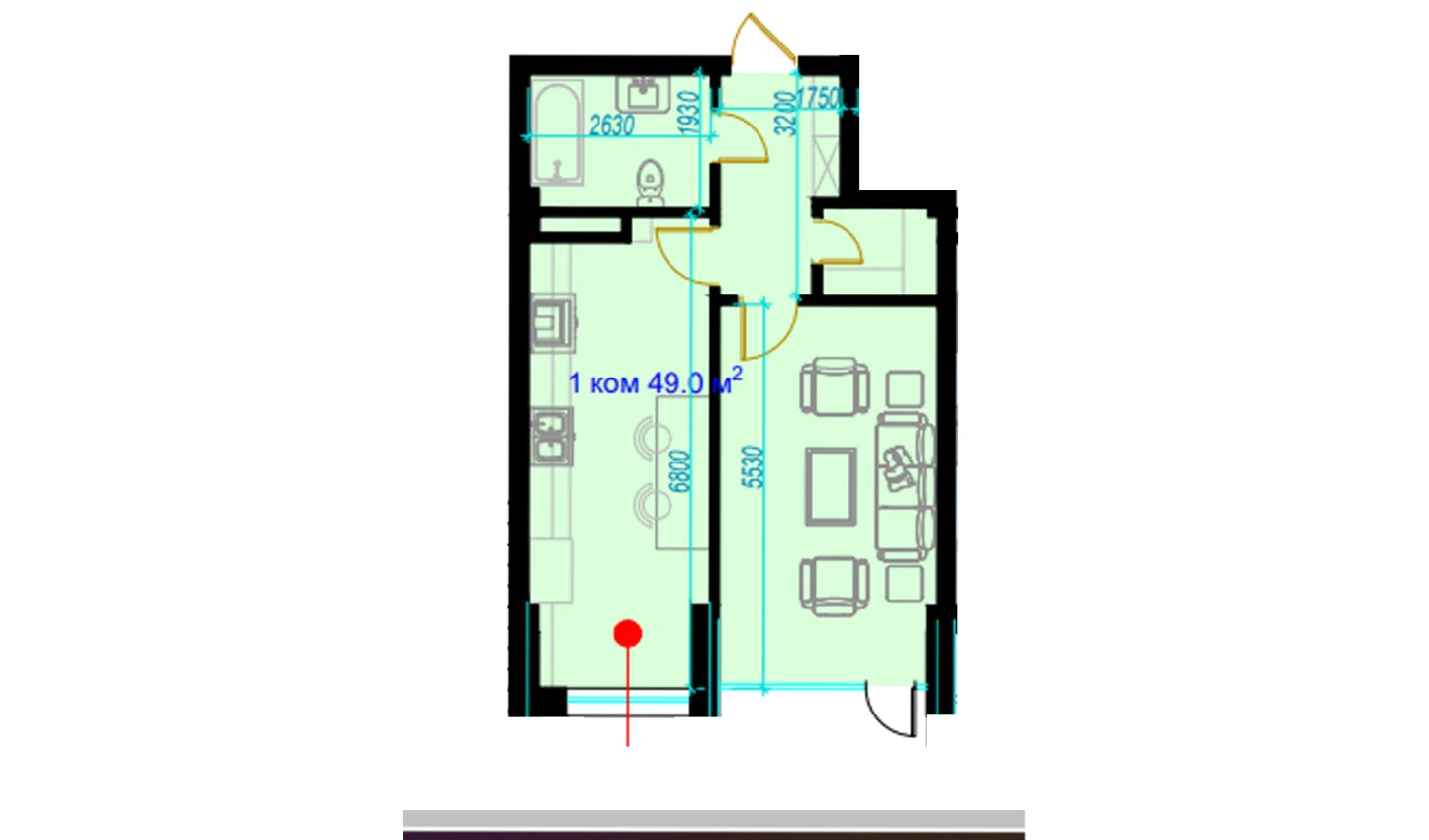 1-xonali xonadon 48.4 m²  1/1 qavat