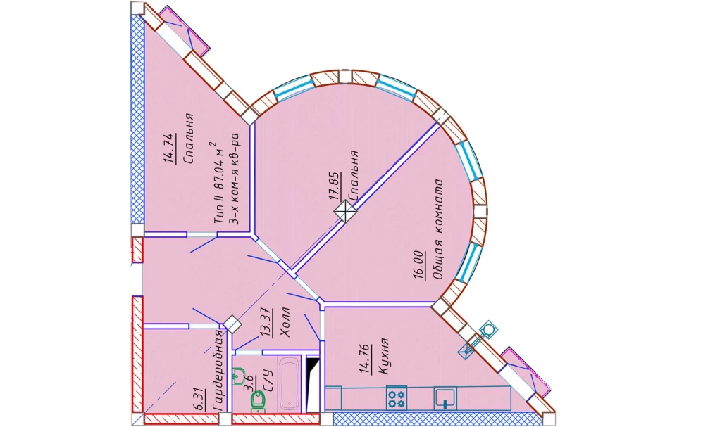 3-xonali xonadon 87.04 m²  10/10 qavat | Samarqand Park Avenue Turar-joy majmuasi