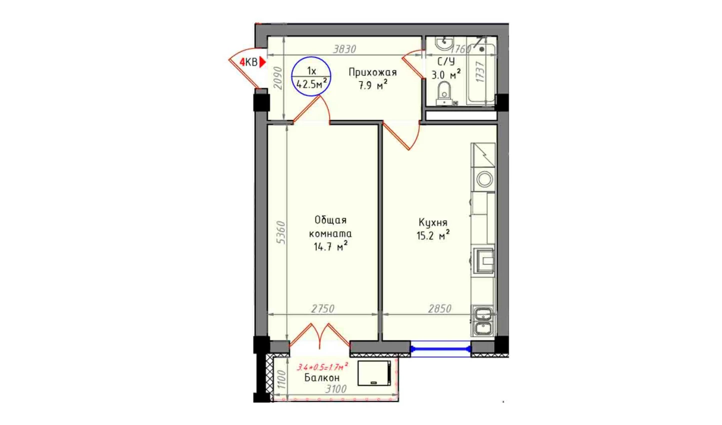 1-комнатная квартира 42.5 м²  5/5 этаж