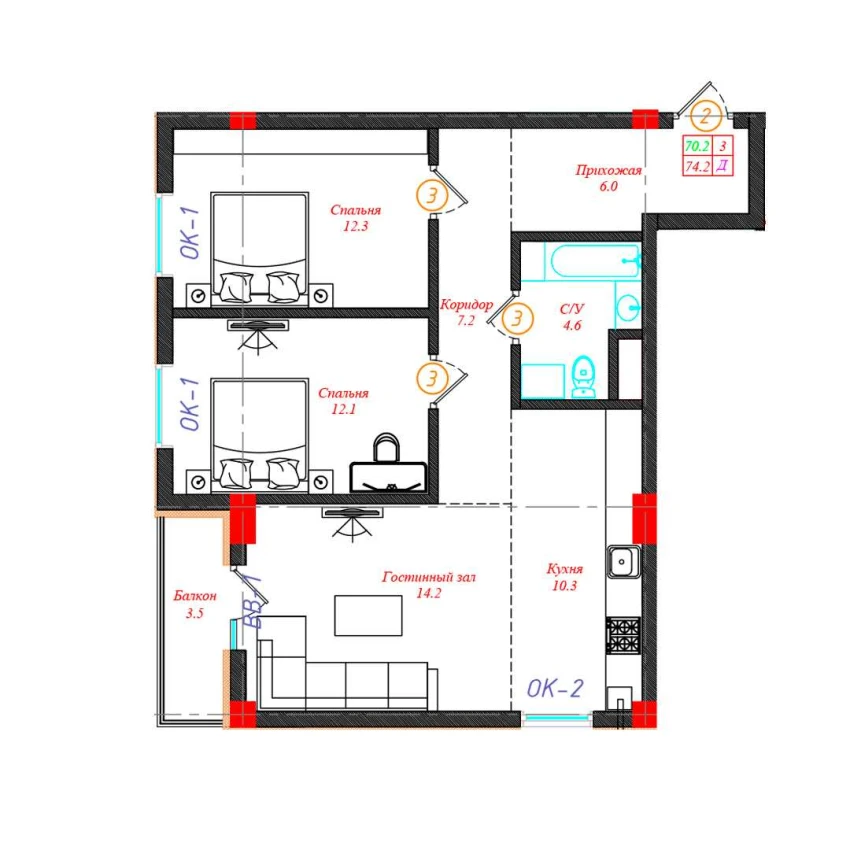 3-комн. квартира 74.2 м²  4/12 этаж | Жилой комплекс CHINARA PARK