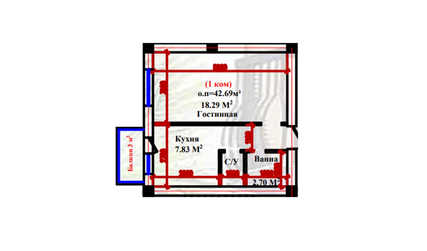 1-xonali xonadon 42.69 m²  2-9/2-9 qavat