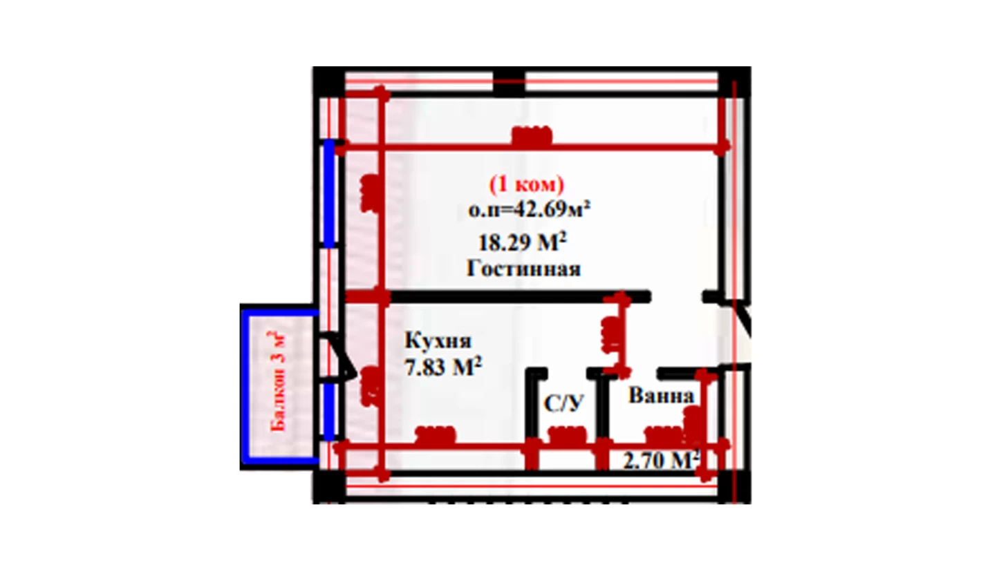 1-xonali xonadon 42.69 m²  1/1 qavat