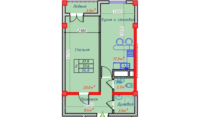 2-комнатная квартира 54.6 м²  6/6 этаж