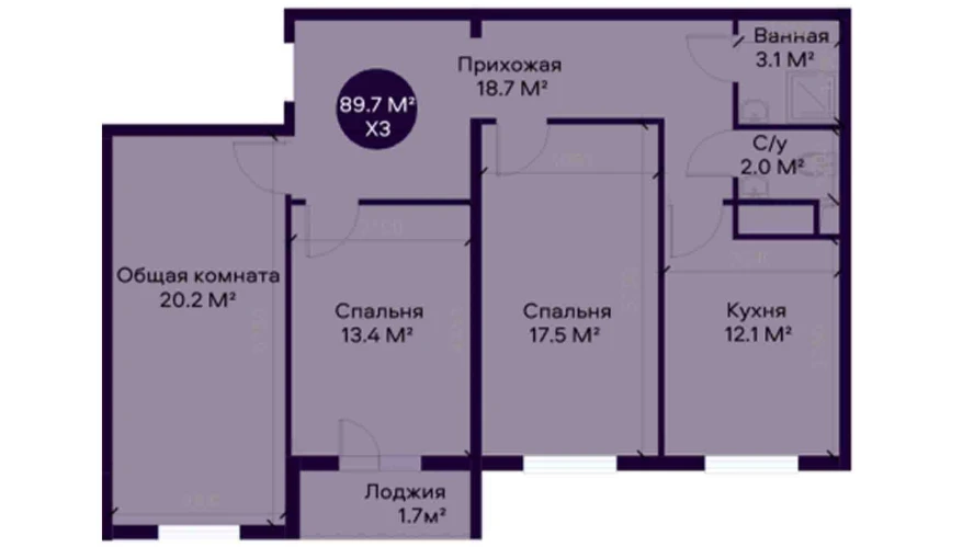 3-комнатная квартира 89.7 м²  2/2 этаж