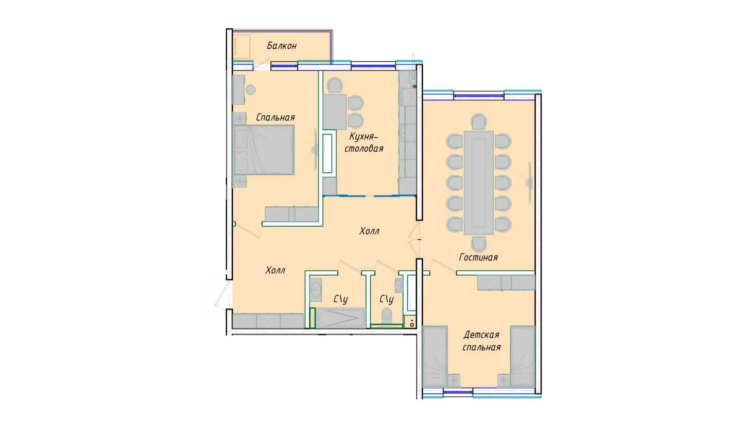 3-комнатная квартира 91.42 м²  3/3 этаж