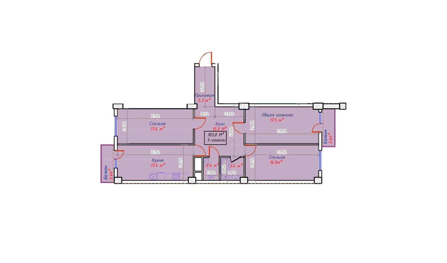 3-комнатная квартира 103 м²  7/7 этаж