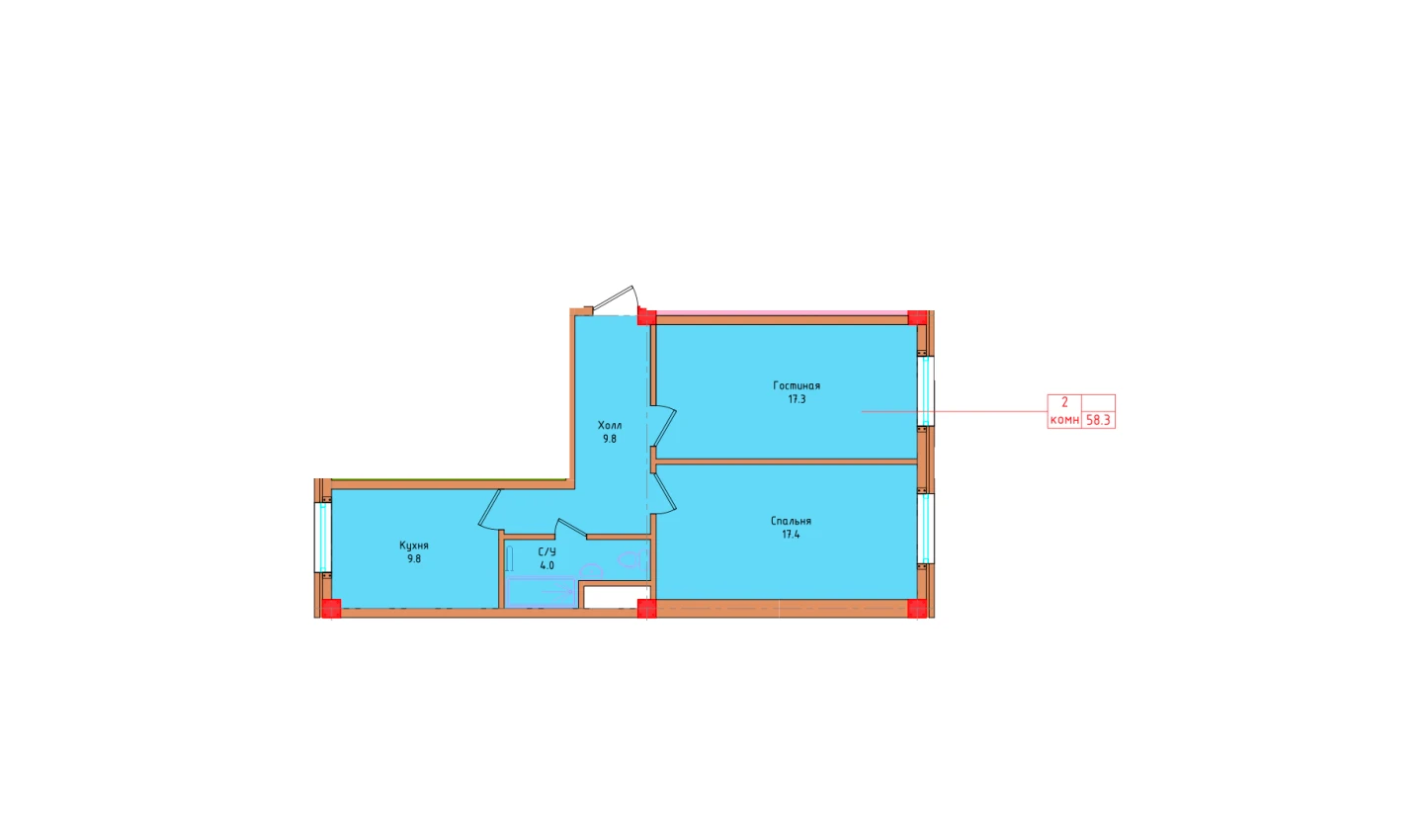 2-комнатная квартира 58.3 м²  1/1 этаж