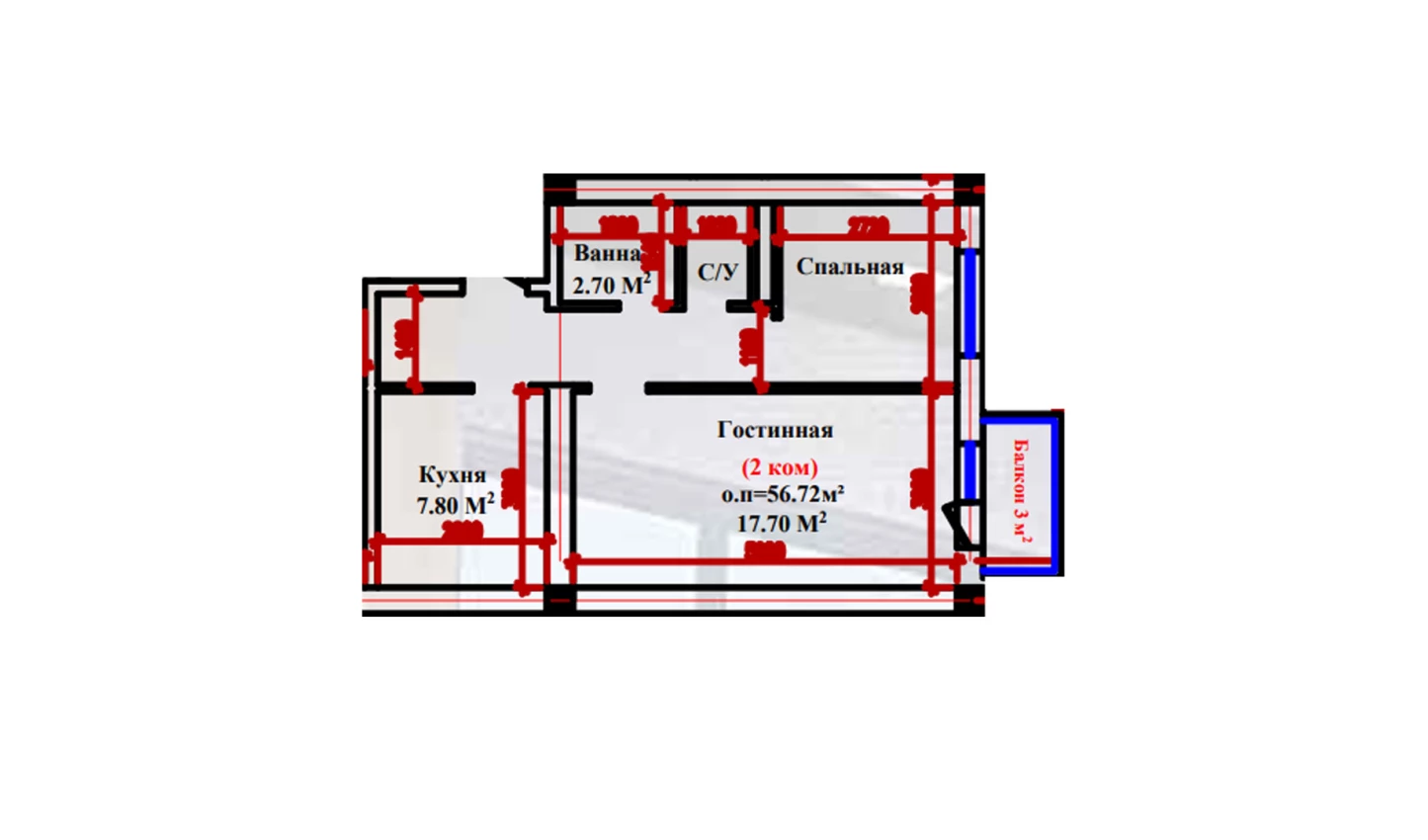 2-xonali xonadon 56.72 m²  1/1 qavat