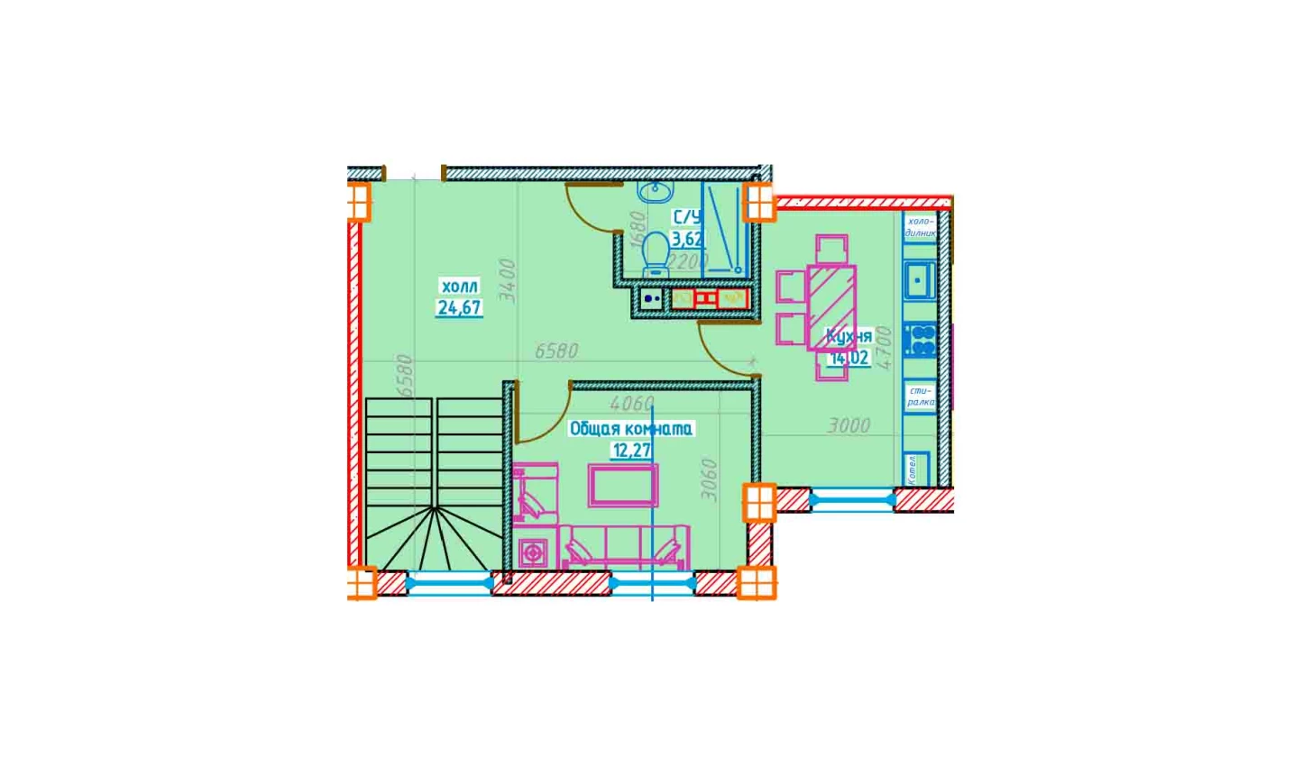 1-комнатная квартира 54.05 м²  1/1 этаж