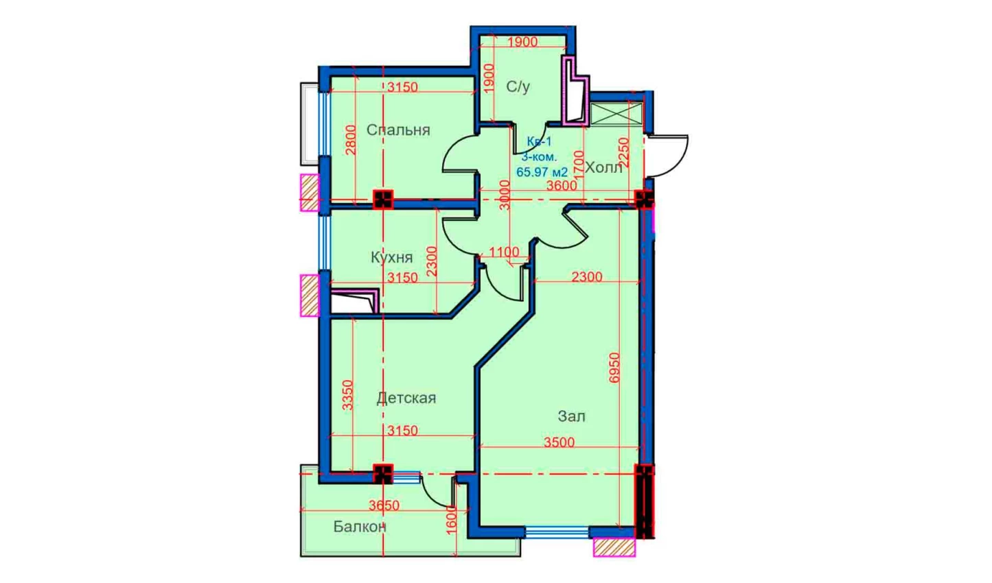 3-комнатная квартира 65.97 м²  9/9 этаж