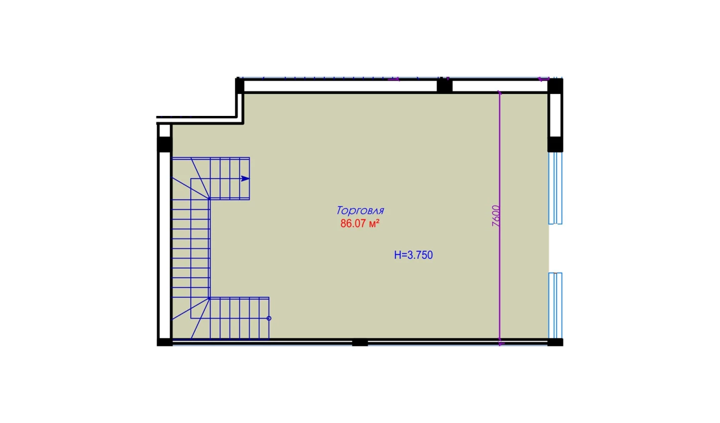 1-комнатная квартира 86.07 м²  1/1 этаж