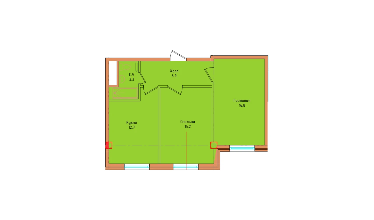 2-комнатная квартира 54.9 м²  1/1 этаж