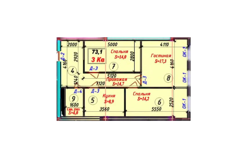 3-xonali xonadon 72.8 m²  5/5 qavat