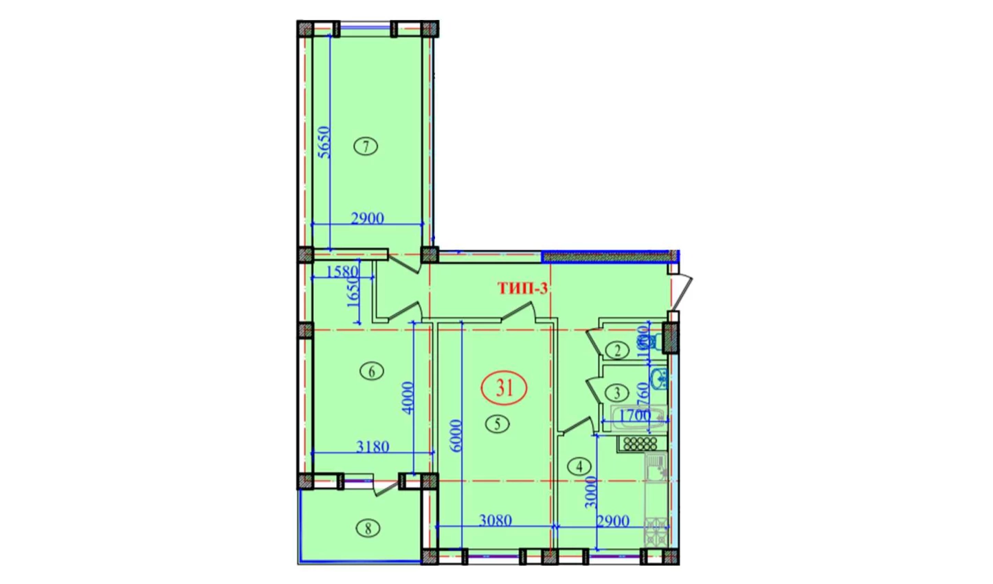 3-xonali xonadon 97.4 m²  7/7 qavat