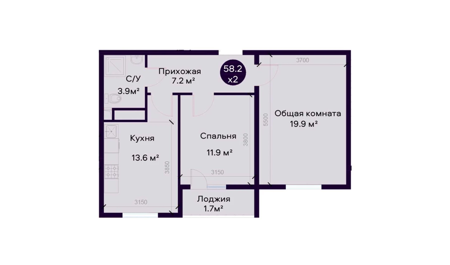 2-xonali xonadon 58.2 m²  1/1 qavat