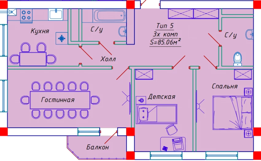 3-комнатная квартира 85.06 м²  5/5 этаж