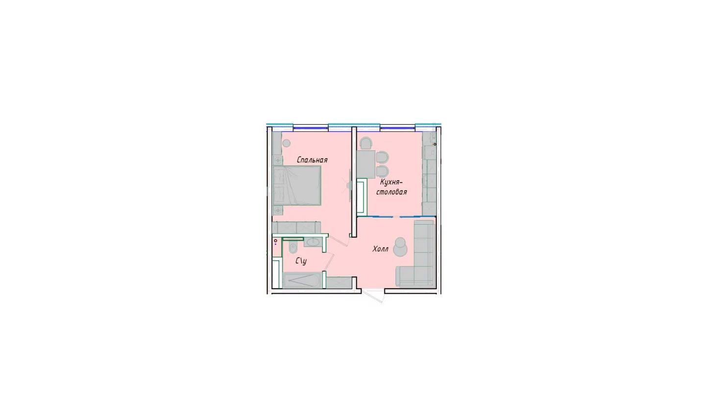 1-комнатная квартира 43.38 м²  1/1 этаж