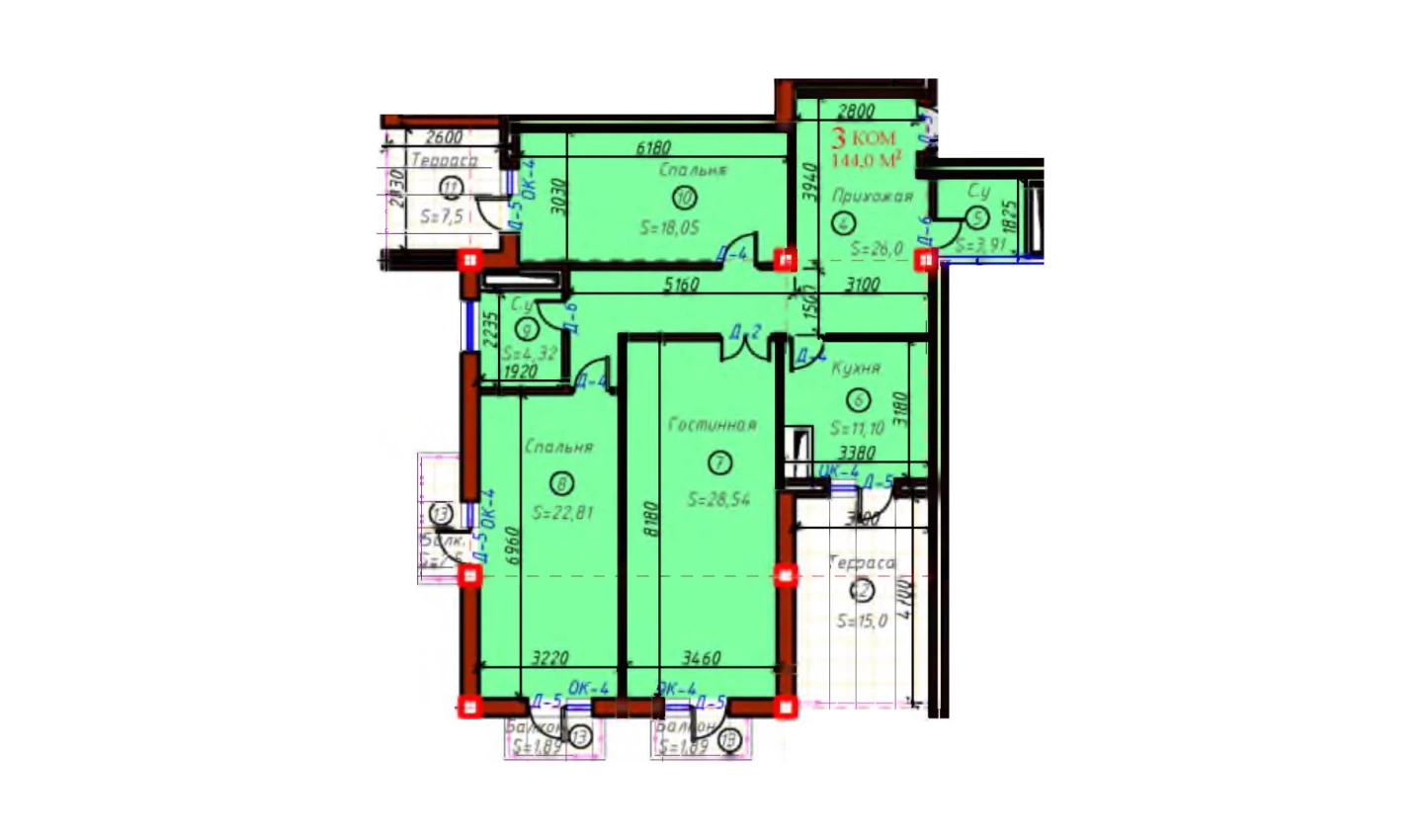 3-комнатная квартира 144 м²  9/9 этаж