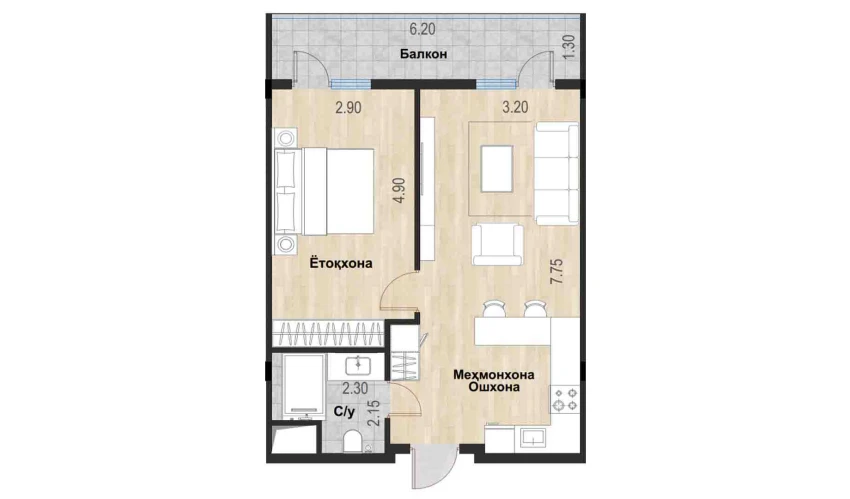 2-комнатная квартира 54.66 м²  4/7 этаж | Жилой комплекс Bochka Resort