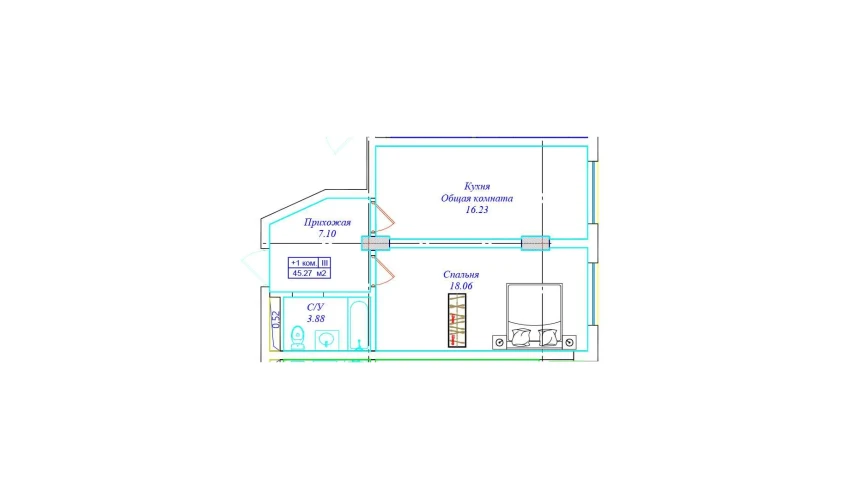 1-комнатная квартира 45.27 м²  7/8 этаж | Жилой комплекс UCHTEPA CITY