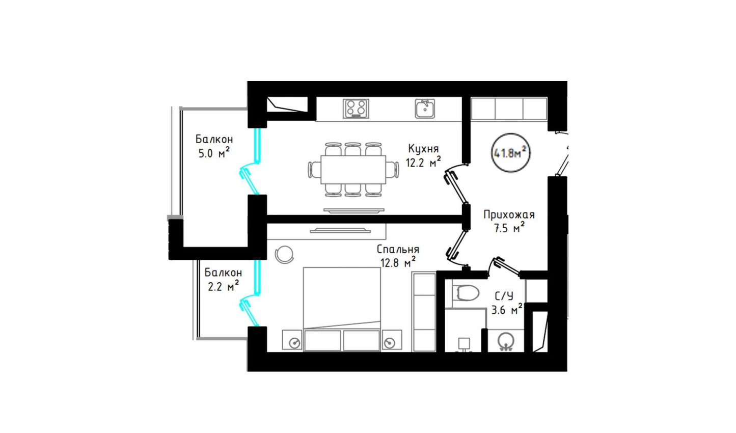 1-комнатная квартира 41.8 м²  7/7 этаж