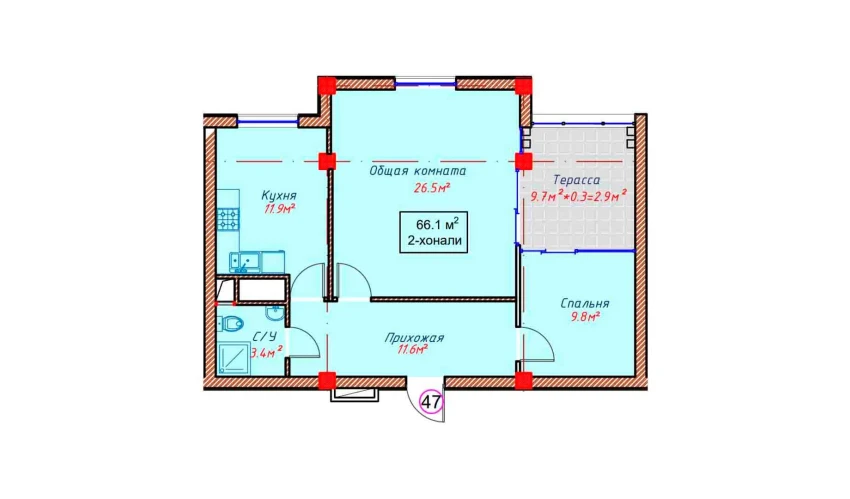 3-xonali xonadon 66.1 m²  10/10 qavat