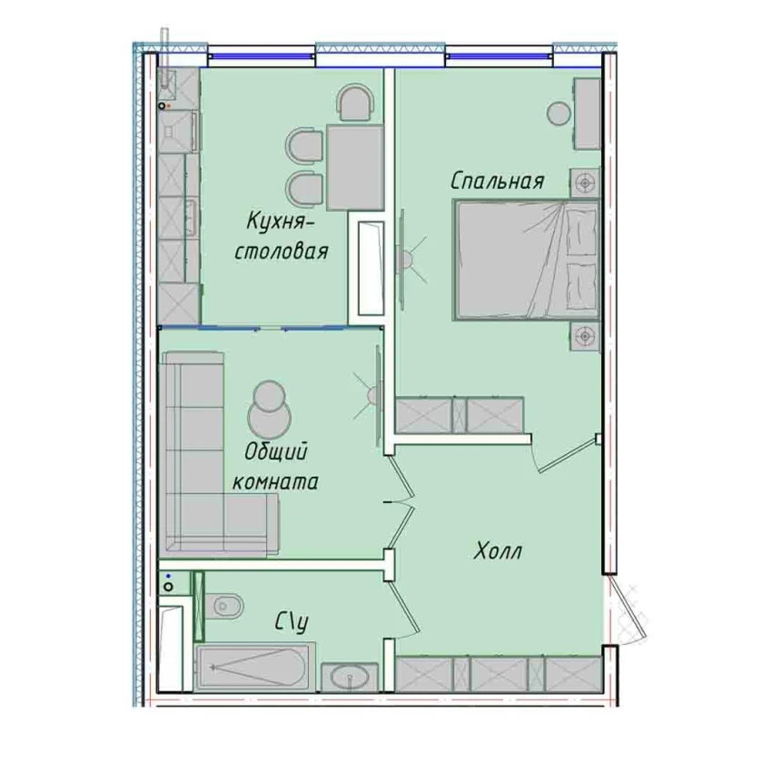 2-комнатная квартира 50.7 м²  1/1 этаж