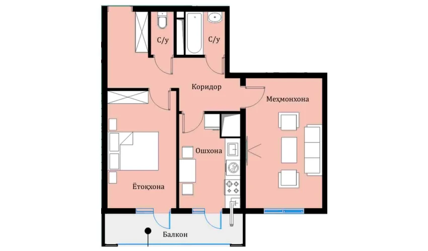 2-xonali xonadon 54.1 m²  10/16 qavat | SOKIN DIYOR Turar-joy majmuasi