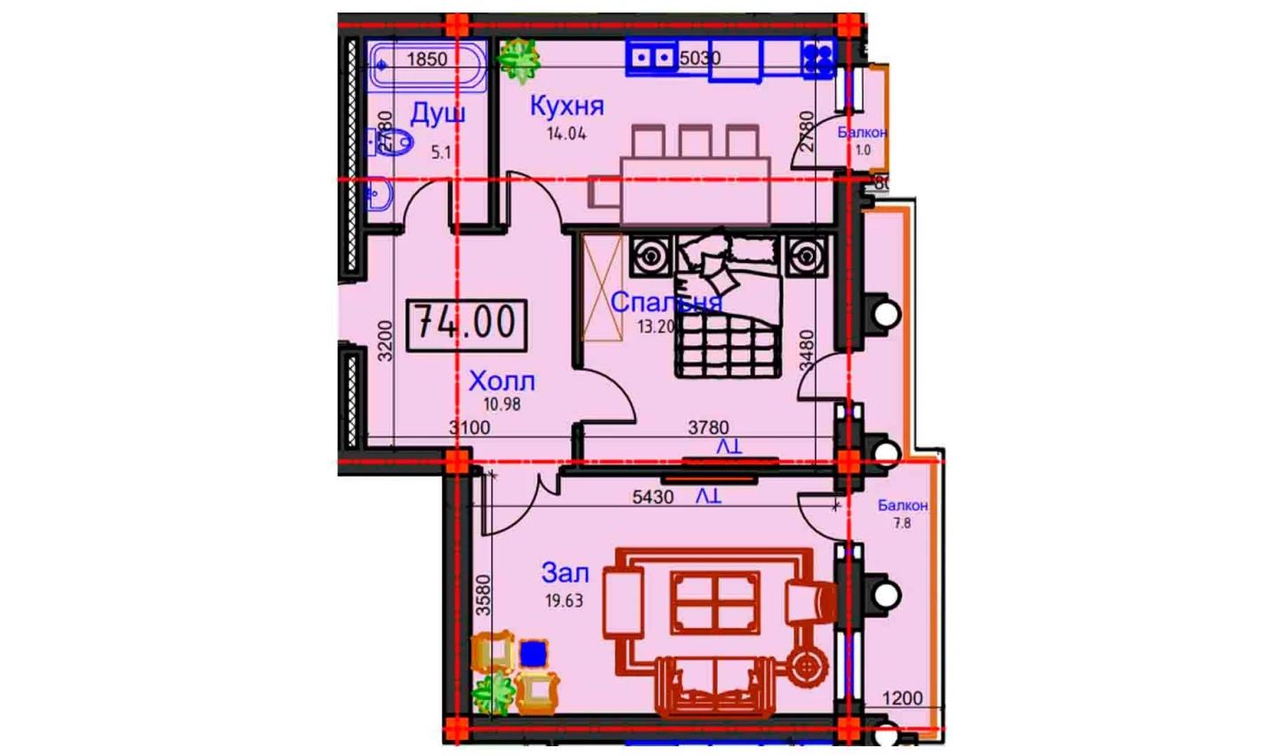 2-комнатная квартира 74 м²  8/8 этаж