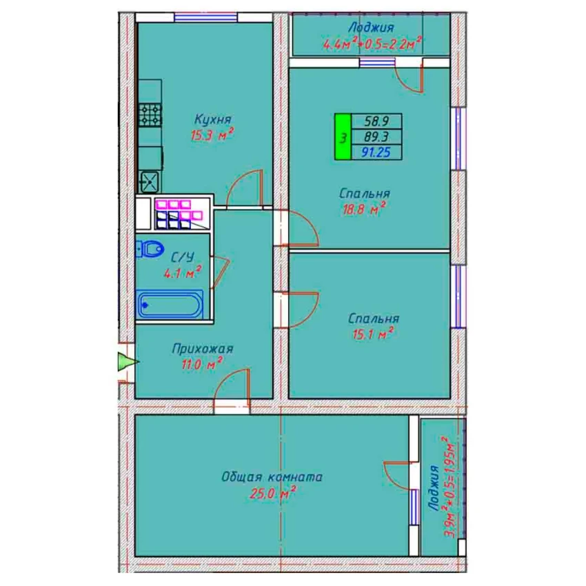 3-xonali xonadon 91.25 m²  22/30 qavat | ECO TOWER Turar-joy majmuasi