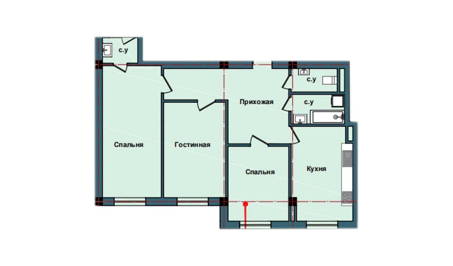 3-комнатная квартира 95.3 м²  2/2 этаж