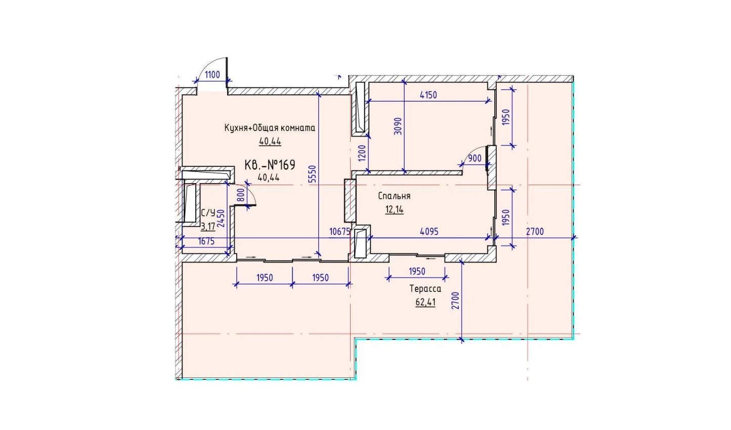 1-xonali xonadon 40.44 m²  17/17 qavat