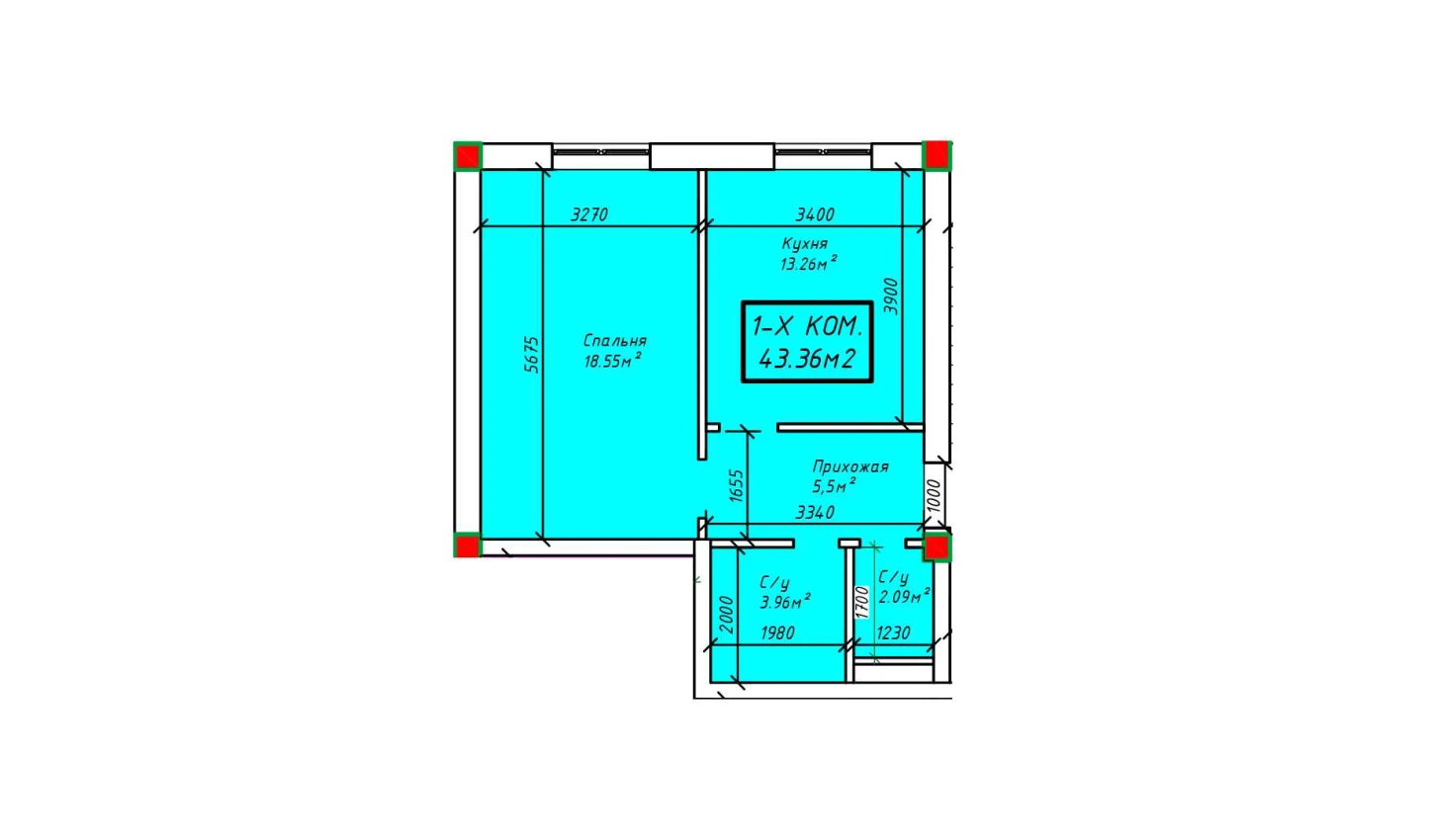 1-xonali xonadon 43.36 m²  2/2 qavat