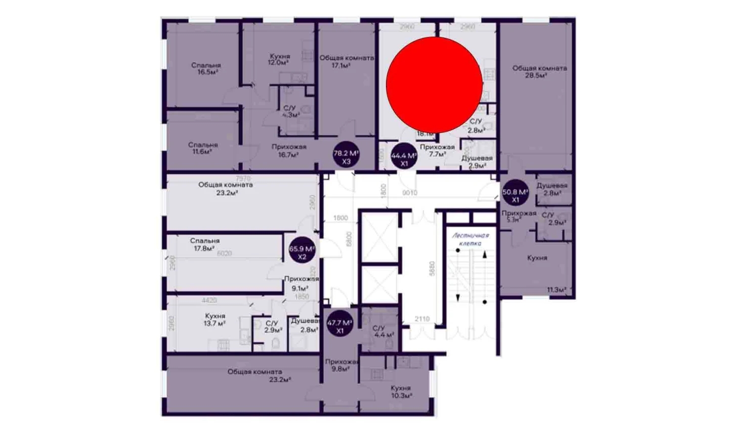 1-комнатная квартира 44.4 м²  1/1 этаж