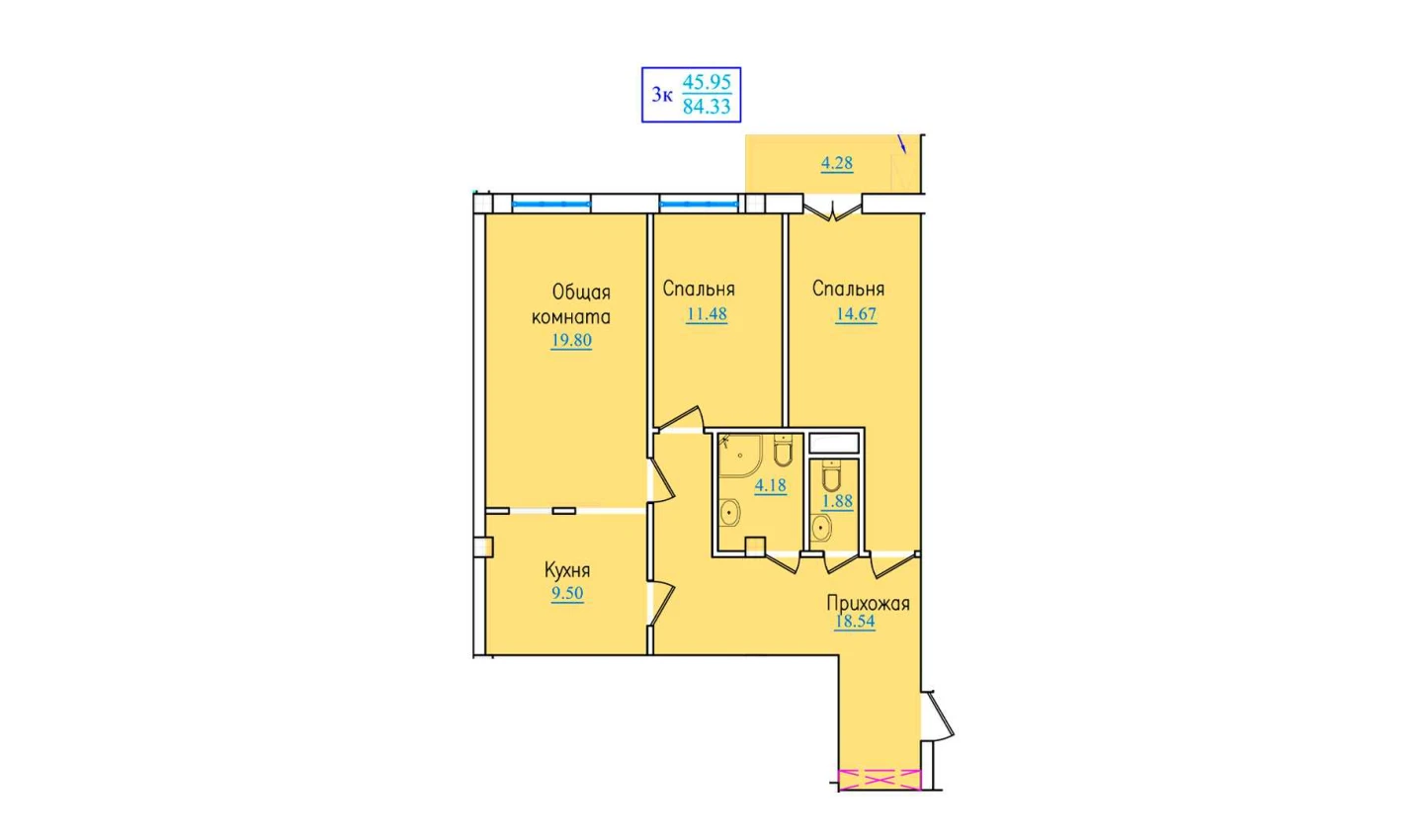 3-xonali xonadon 84.33 m²  2/9 qavat | PROVANS Turar-joy majmuasi