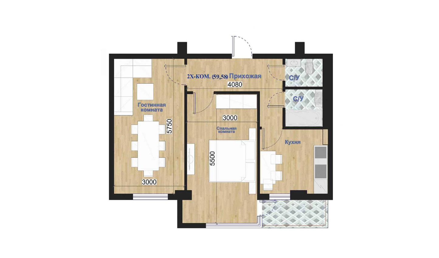 2-комнатная квартира 59.58 м²  4/4 этаж