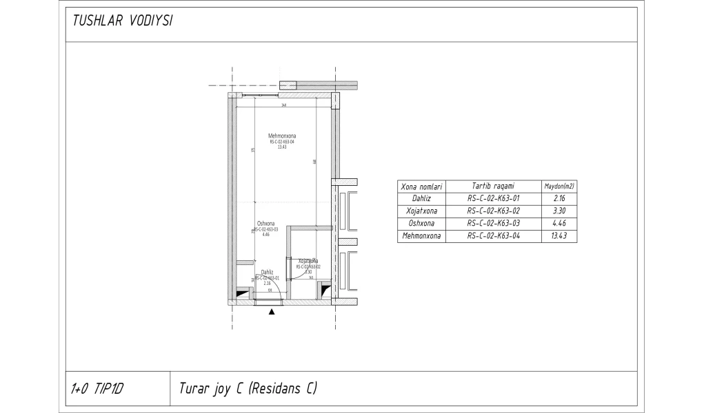 1-xonali xonadon 23.35 m²  5/5 qavat