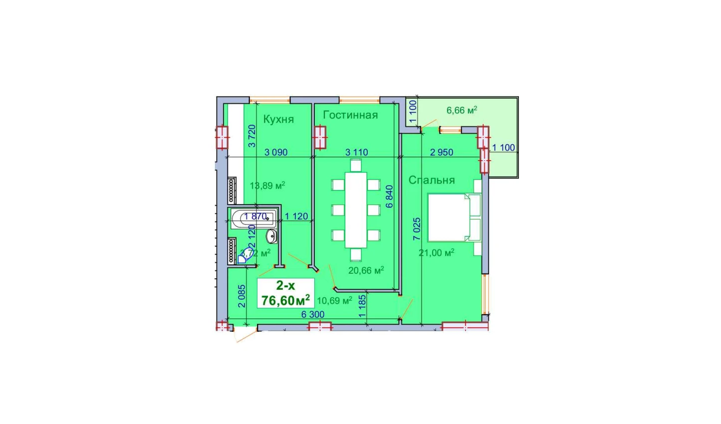 2-комнатная квартира 76.6 м²  8/8 этаж