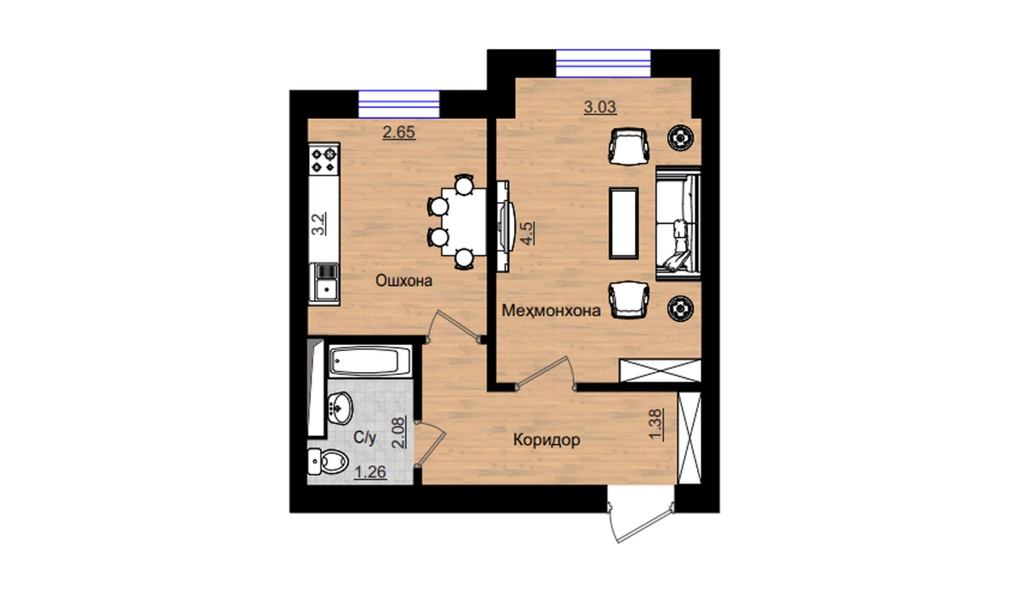 1-комнатная квартира 36.869 м²  1/1 этаж