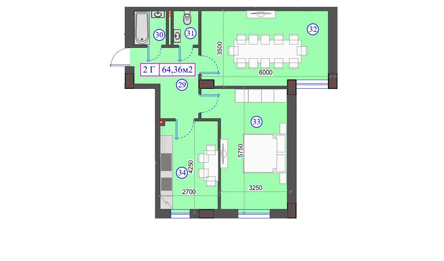 2-xonali xonadon 64.36 m²  0/0 qavat