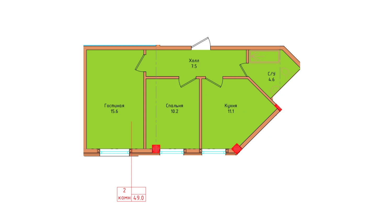 2-xonali xonadon 49 m²  1/1 qavat