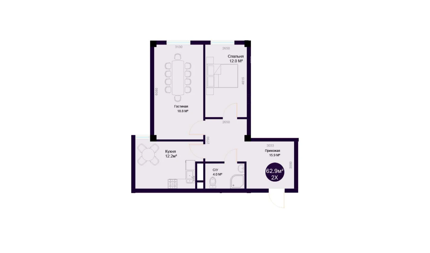 2-комнатная квартира 62.9 м²  7/7 этаж