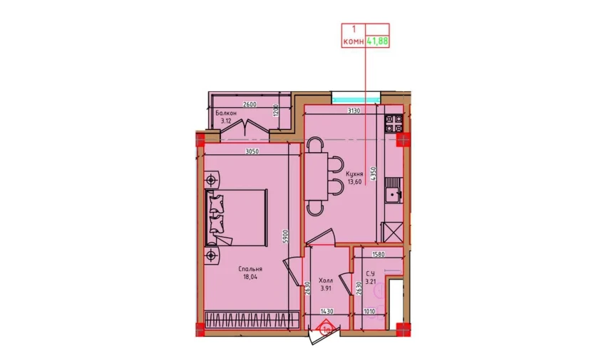 1-комнатная квартира 41.88 м²  7/8 этаж | Жилой комплекс "Markaz"