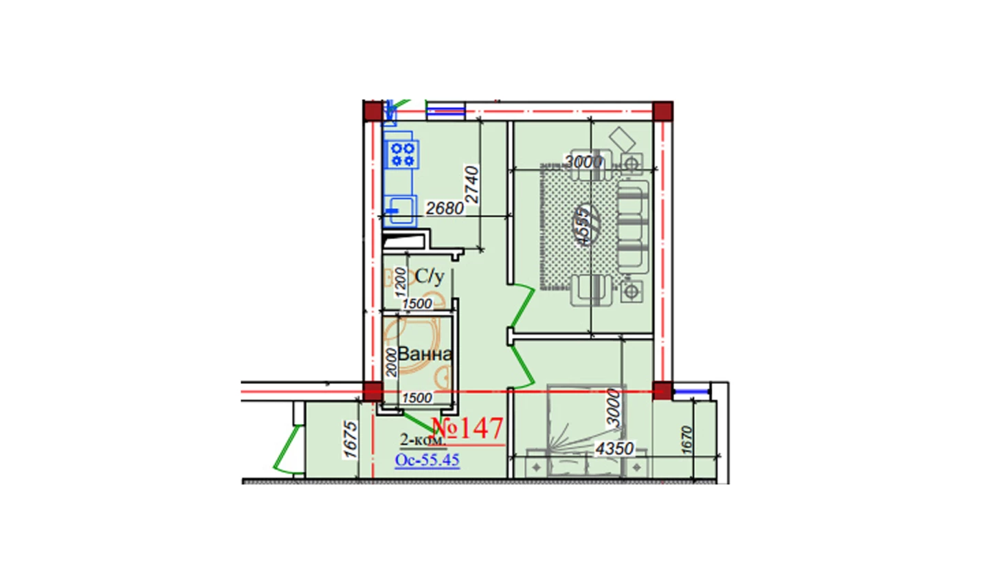 2-комнатная квартира 55.45 м²  9/9 этаж