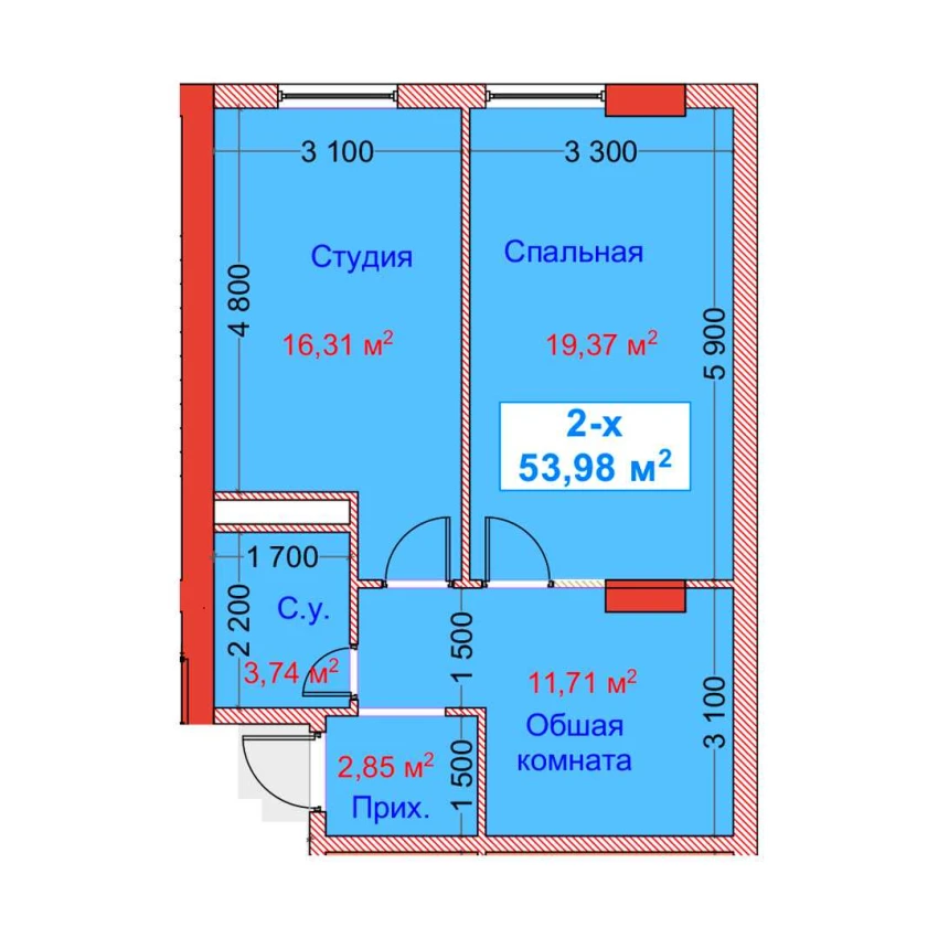 2-xonali xonadon 53.98 m²  2/8 qavat | CAPITAL AVENUE Turar-joy majmuasi