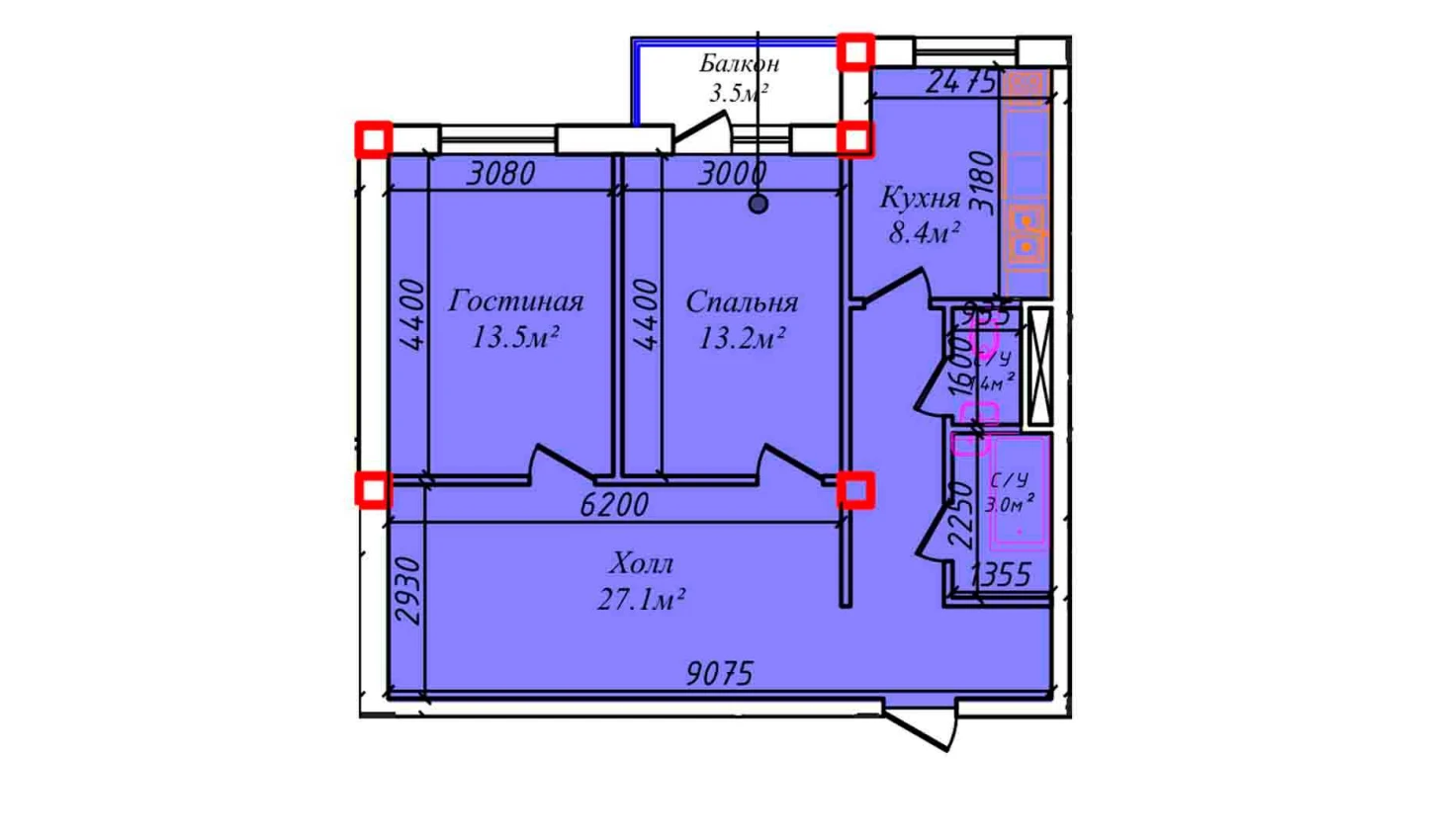 2-xonali xonadon 73.1 m²  4/4 qavat